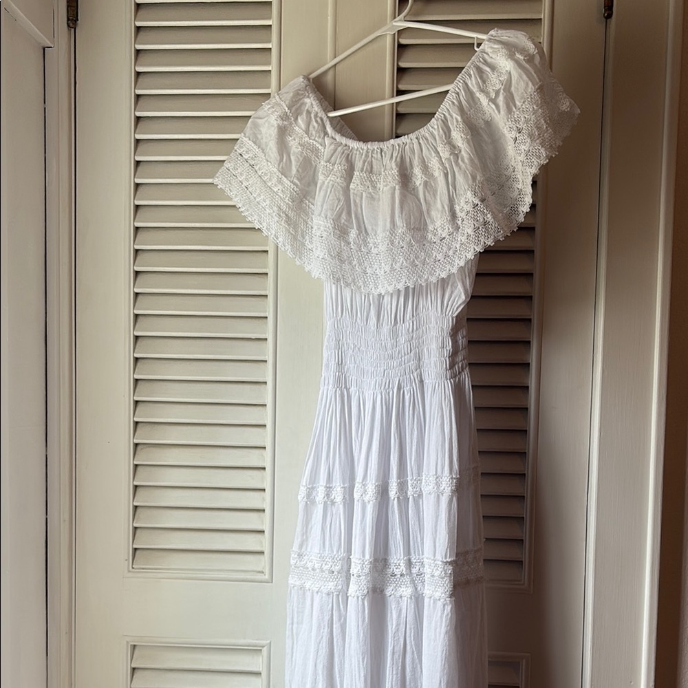 Vintage White Cotton Gauze Crochet detail Off-Shoulder Ruffled Maxi Dress